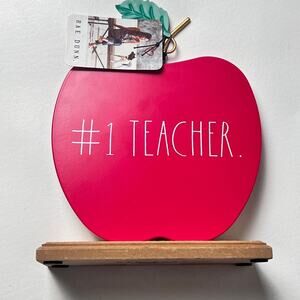 Rae Dunn #1 Teacher Metal Apple  Desk Sign with Wooden Base Plaque Desktop